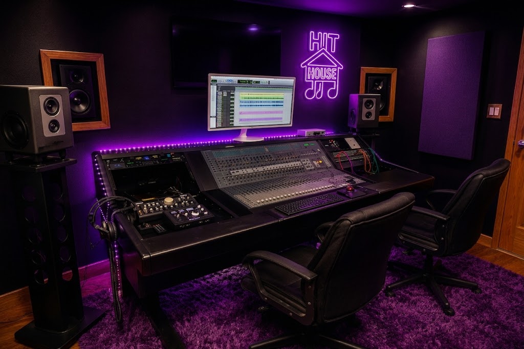 Hit House Detroit control room with mixing console and neon Hit House sign